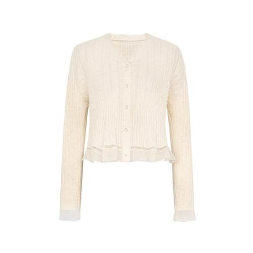 XG雪歌拼接设计长袖毛针织衫2025春季新款浅米色短款绵羊毛开衫女