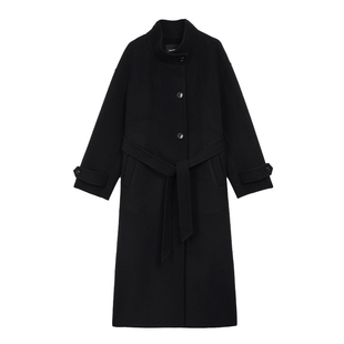 pusumede 墨玉旧诗 高级感廓形羊毛大衣女系带收腰中长款毛呢外套