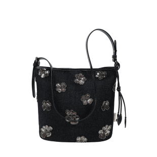 南风Chio2nd 星光梦境托特包黑色牛仔单肩包女闪片花朵复古斜挎包