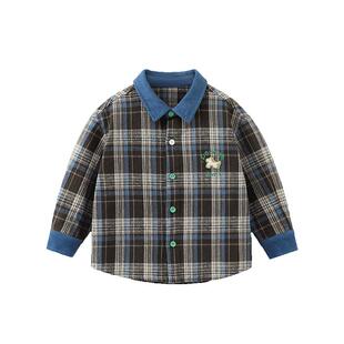 齐齐熊宝宝色织格子衬衫男童外套春秋装儿童保暖长袖衬衣休闲上衣