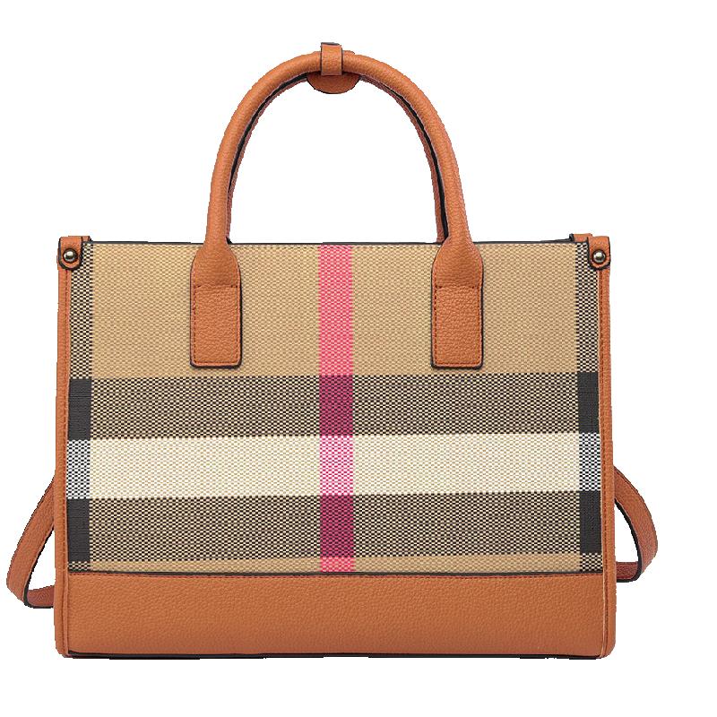 2025新款高级感轻奢格纹斜挎真皮包包时尚百搭通勤包撞色托特包女