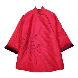 百年系列 夏姿风古典丝绒相拼新中式绣花旗袍棉袄中长款上衣外套