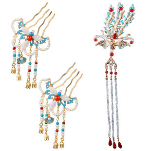 复古汉服头饰发簪发钗凤凰头冠明制古风景泰蓝配饰烧蓝流苏发饰