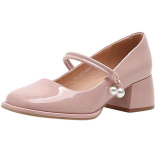 大东小皮鞋女鞋2026春季甜美复古珍珠一字带中跟粗跟玛丽珍鞋0609