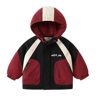 右欧童装男童棉服连帽拼色棉衣外套秋冬新款女童冬装儿童加绒棉袄