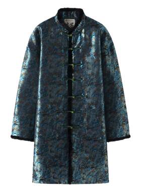 冬季唐装男中长款棉服加厚夜空油画提花棉袄男士盘扣棉衣上衣男