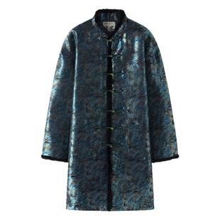 冬季唐装男中长款棉服加厚夜空油画提花棉袄男士盘扣棉衣上衣男