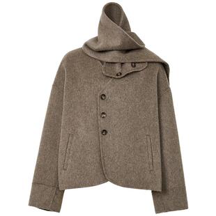 100%绵羊毛呢外套女MOFAN摩凡2025冬新款茶棕色可拆卸围脖上衣