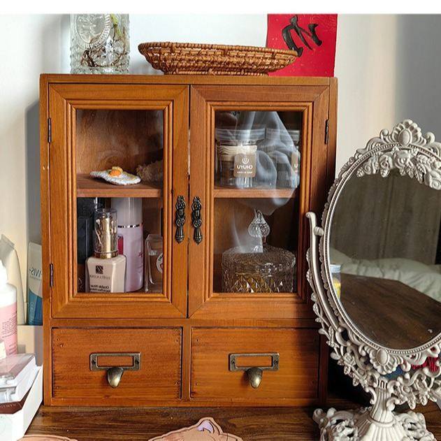 桌面收纳盒木质复古梳妆台香水实木化妆品书桌柜子桌上杯子置物架