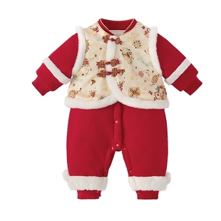 [抗菌a类]婴儿连体衣秋冬女宝满月服中国风1新生儿宝宝红色周岁服