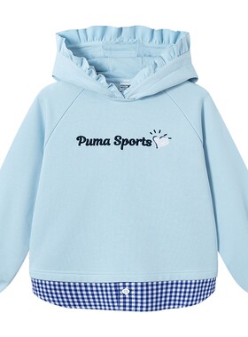 PUMA彪马童装秋季儿童长袖连帽卫衣女童甜美花边印花上衣下摆拼接