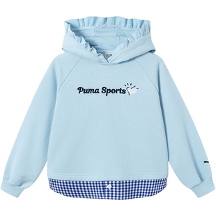 PUMA彪马童装秋季儿童长袖连帽卫衣女童甜美花边印花上衣下摆拼接