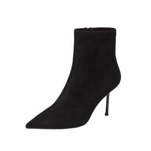 思加图新款气质通勤复古时装靴短靴高跟鞋黑色细跟女靴子H8058DD5