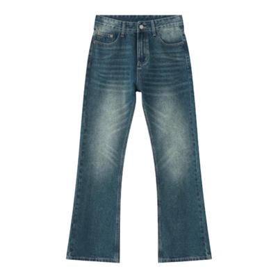 拉链长裤水洗微喇复古水洗