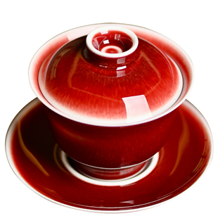 见山烧景德镇原矿郎红釉三才花神大盖碗茶杯纯手工陶瓷高端泡茶碗