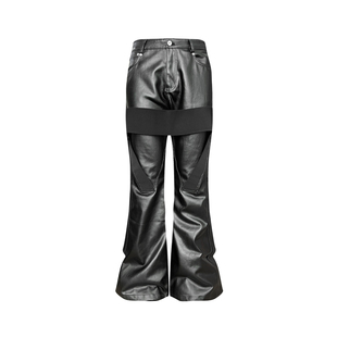 GOJOYJINNI 绑带刷蜡涂层暗黑亮面光泽感宽松无弹微喇叭牛仔裤