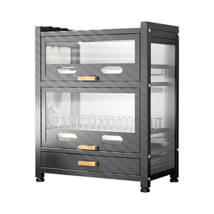 厨房碗碟筷子置物架家用多层上翻门碗盘柜抽屉式带沥水层储物柜