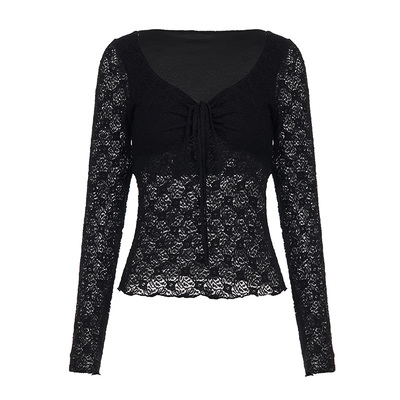 纯欲蕾丝拼接方领长袖T恤女