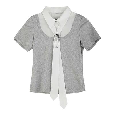 sdeer飘带胸针假两件短袖T恤