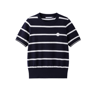 ELLE Active高智老钱冰丝条纹针织衫简约高级短袖T恤上衣修身显瘦