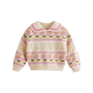 马克珍妮女童柔蓝绒娃娃领钩花针织衫儿童费尔岛毛衣秋冬装