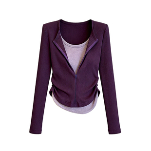 春序紫韵~法式轻熟风深紫色假两件上衣女春撞色拼接收腰显瘦长袖