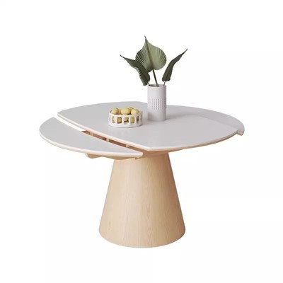 奶油风实木岩板餐桌可伸缩折叠