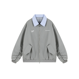 Dream made 美式刺绣假两件棒球服外套男春秋季拼接条纹翻领夹克