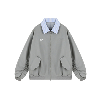 Dream made 美式刺绣假两件棒球服外套男春秋季拼接条纹翻领夹克