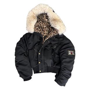 no E mosen*豹纹连帽毛领加厚2000红星袖章飞行员街头棉服夹克