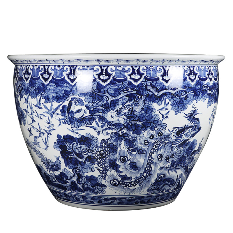 青花陶瓷养鱼缸手绘图荷花招财