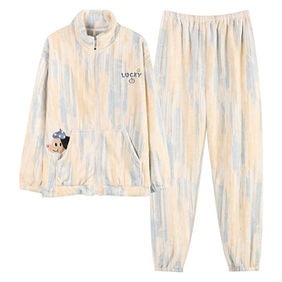 芬腾可安法兰绒睡衣男士秋冬季加厚珊瑚绒加绒男款保暖家居服拉链