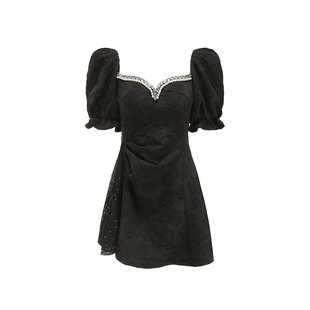 【叶舒华同款】NanaJacqueline连衣裙仿珍珠钻链提花甜美泡泡袖女