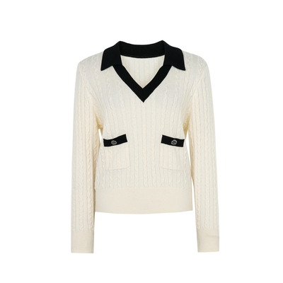 XG/雪歌XJ311026A391 米白小香风翻领设计长袖毛针织衫套头毛衫女