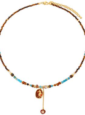 中古风滴釉唐马吊牌项链女小众天然石串珠设计时尚复古锁骨链配饰