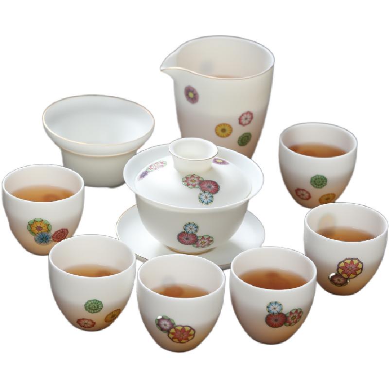 元青 整套茶具功夫茶具办公家用10头素雅小团花蛋形杯38盖碗套组