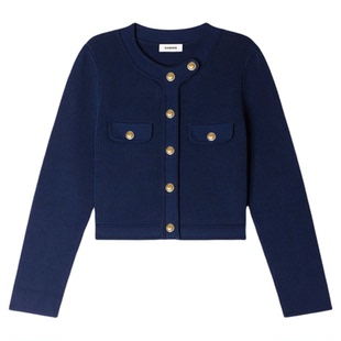 SANDRO2026春季新款女装法式时尚圆领金属扣贴袋短款修身针织衫