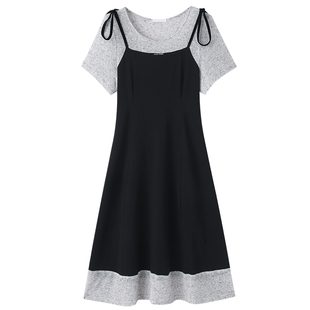 300斤撞色A字收腰显瘦特大码女装胖莹莹夏季黑色假两件吊带连衣裙