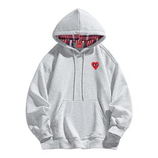 查尔斯桃心 美式格子袋鼠兜连帽卫衣男女春秋季新款休闲长袖外套