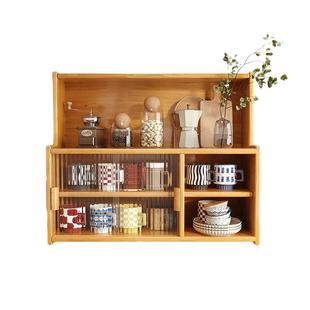 实木桌面收纳柜防尘置物架杯架小型带玻璃柜门边柜多层茶具储物柜