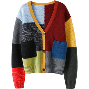 年轻活力不张扬~厚纯羊绒衫彩虹色块拼接粗棒针毛衣外套针织开衫