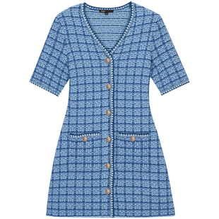 线上限定Maje2025秋冬女装法式时尚花呢蓝色单排扣V领收腰连衣裙