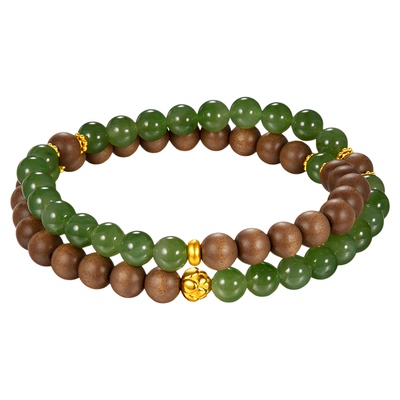 金至尊文玩金青云上黄金手链男士双圈和田玉老山檀木足金碧玉手串