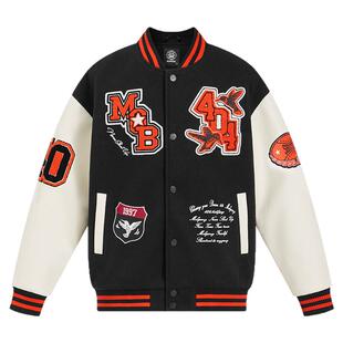 404MOB蜂鸟刺绣棒球服外套男女重磅毛呢PU皮拼接撞色美式夹克2025