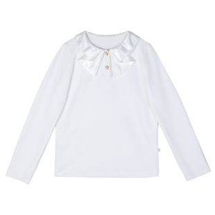LittleNaive秋冬女童打底衫蝴蝶结领百搭长袖t恤白色法式上衣T恤