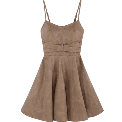 咖色吊带皮裙连衣裙女秋冬