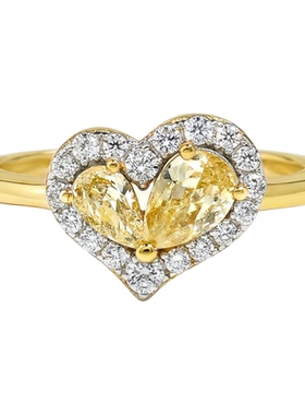 精工版星芒心钻双石爱心黄钻色925银戒指甜美可爱小众设计感温柔