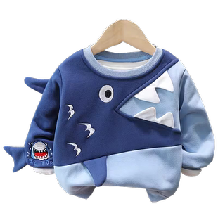 小童炸街卡通鲨鱼加绒卫衣男女童秋冬宝宝保暖上衣儿童加厚打底衫