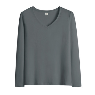 春季高级烟灰色纯棉V领打底衫女春秋修身显瘦长袖t恤紧身内搭上衣