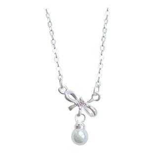 Paranoid Puppy原创蝴蝶结粉钻珍珠925纯银项链女气质高级锁骨链